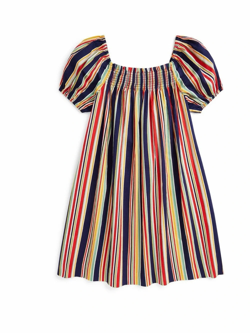 Ralph Lauren Navy Red Yellow Multi-Stripe Smocked Puff Sleeve Dress